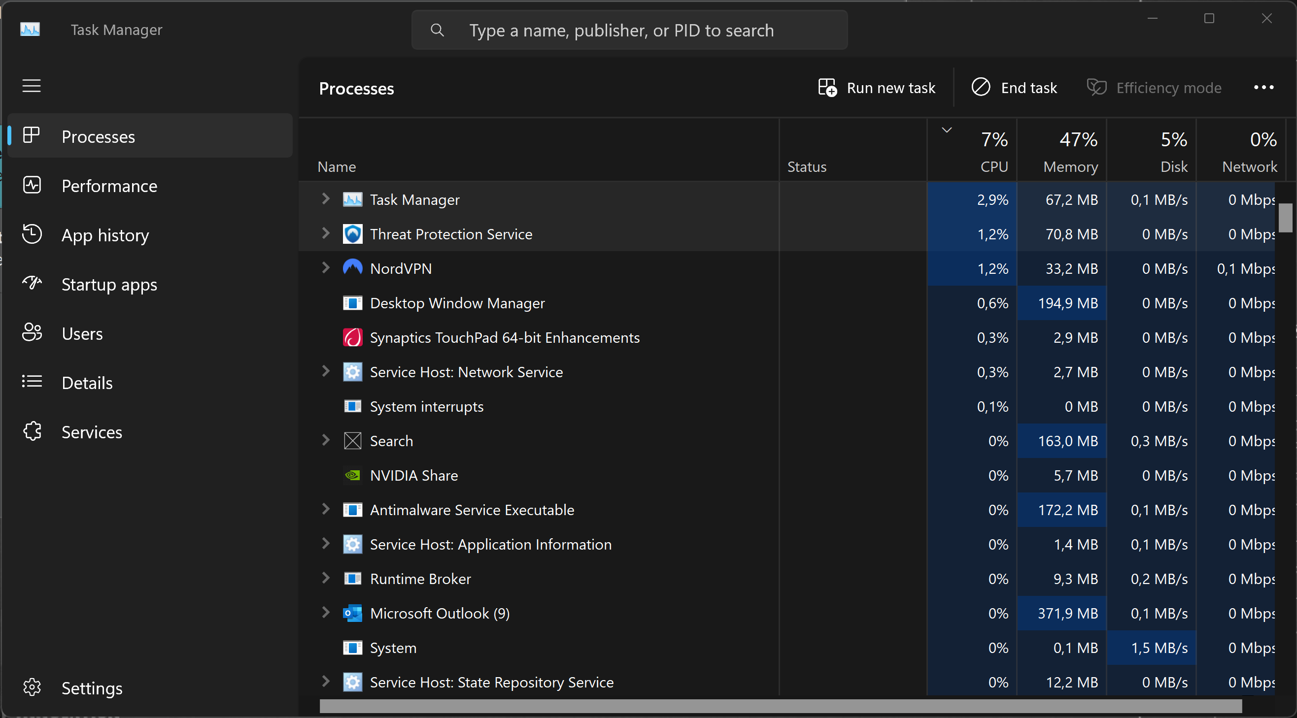 Windows Task Manager (advanced view)